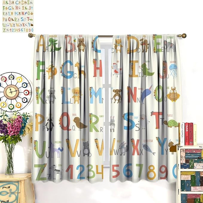 Kids Alphabet Curtains Funny Letter Education Cute Cartoon Animal Printed Curtain with Rod Pocket for Bedroom Living Room Home Decor Drapes Window Treatments 2 Panels Set 63" W X 63" L
