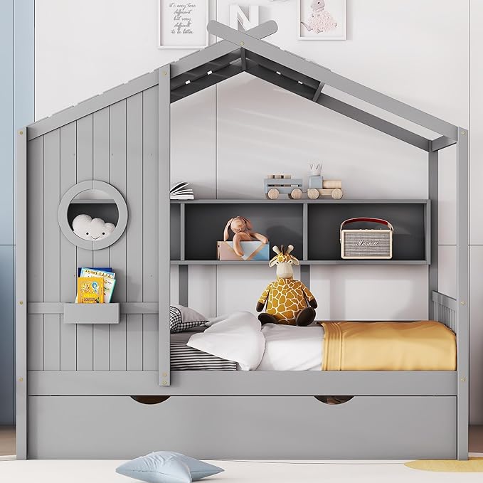 Harper & Bright Designs Full Size Modern House Bed with Roof, Wooden Twin Kids House Bed Frame with Trundle and Storage Shelf, Gray