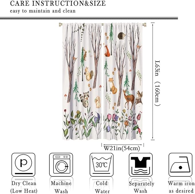 Forest Animal Kids Curtains, Watercolor Cartoon Window Treatments, Cute Animal Floral Girl Toddler Home Bedroom Living Room Drapes 42x63in