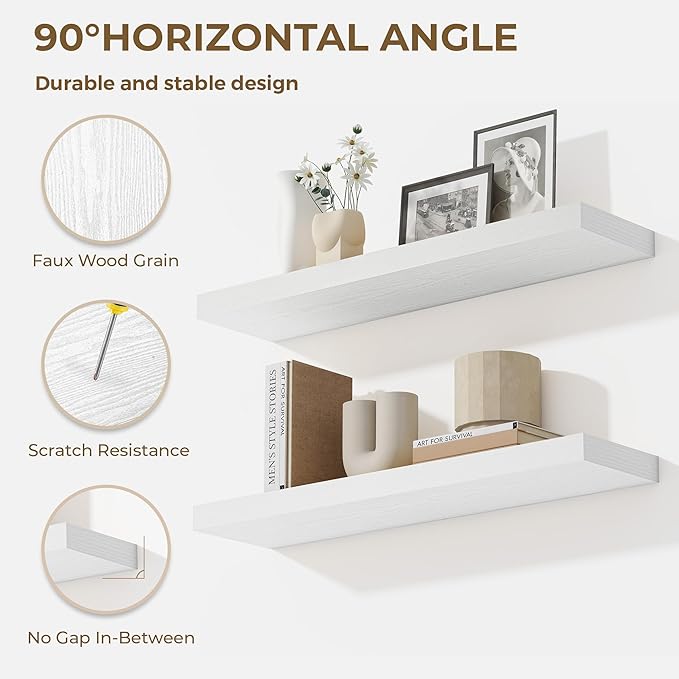Dreamland 36 Inches Floating Shelves for Wall, 9.3" Deep Long Floating Shelves Set of 2, Large Display & Storage Shelf, Wall Shelf for Bathroom Bedroom Living Room Kitchen Office, White