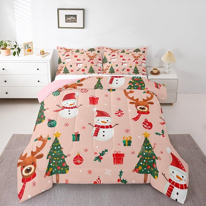 Feelyou Christmas Comforter Set Full Size Snowman Bedding Set for Kids Boys Girls Deer Xmas Tree Duvet Quilt New Year Gift Bedroom Decor Snowflake Microfiber 3 Pcs with 2 Pillow Cases