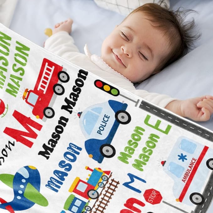 Personalized Blanket with Name for Boys, Custom Name Blanket City Car Transport, Soft Flannel Teen Blankets Customized Gift for Birthday Christmas-50x60in