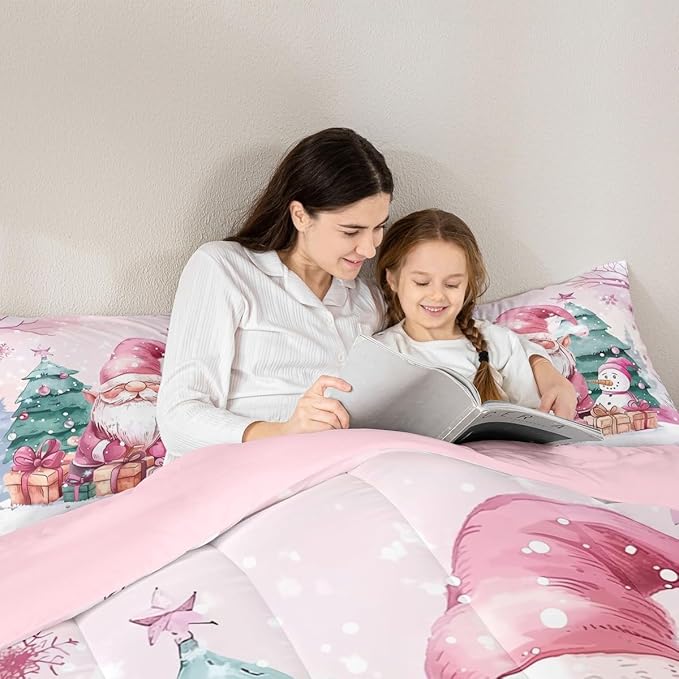 Feelyou Pink Christmas Comforter Set All Season Santa Claus Bedding Set with 2 Pillow Cases Cute Snowflake Kids Full Bedclothes Merry Christmas Tree and Snowman Decor Duvet Quilt Soft