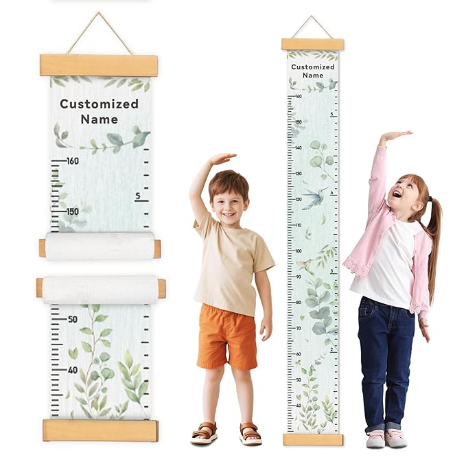 Personalized Name Growth Chart Wall Decor for Kids – Canvas Removable Height Chart Measuring Ruler 59" x 7.9" (Eucalyptus Leaves)