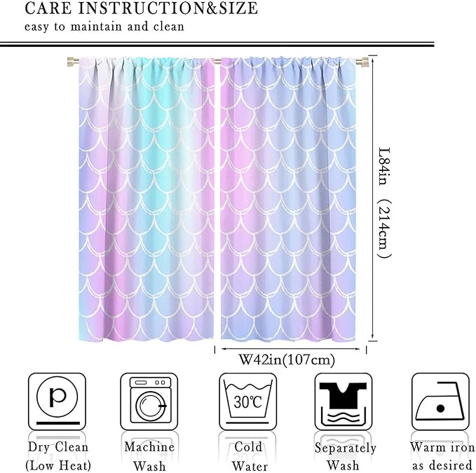 Fantasy Mermaid Curtain Rainbow Mermaid Scales Purple Pink Blue Ocean Theme Dream Blackout Window Treatment for Kids Boys Girls Bedroom Nursery Room Decor Rod Pocket Window Drapes 84x84in