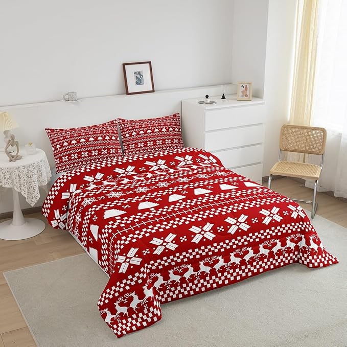 Feelyou Red Christmas Bedding Set for Kids Boys Girls Full Size Xmas Deer Decor Comforter Set Ultra Soft Xmas Snowflake Comforter Winter Duvet Quilt Bedroom Decor Christmas Decor Quilt