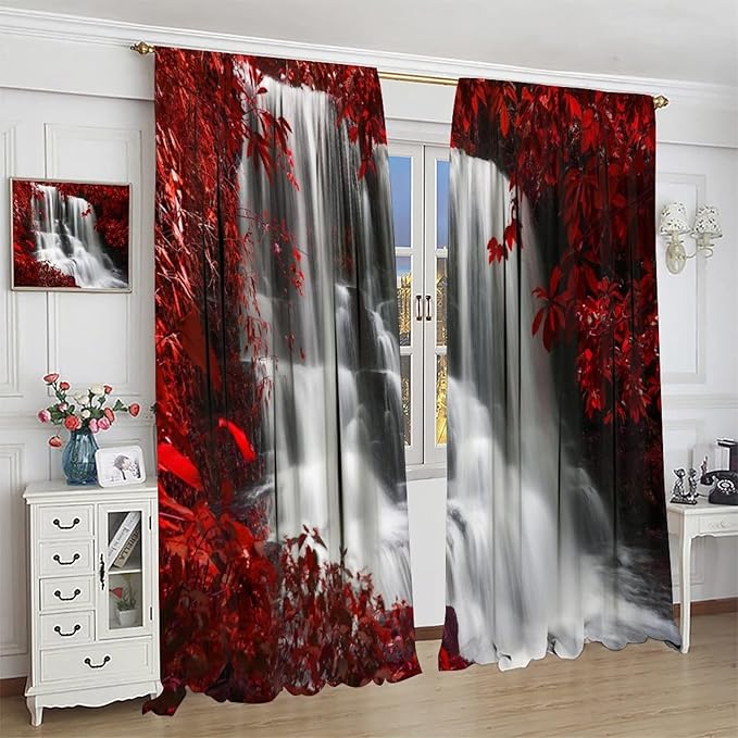 Red Forest Waterfall Blackout Windows Curtains, Waterfall Red Forest Black and Red Natural Landscape Print Window, for Living Room Bedroom 42x45in 2 Panels