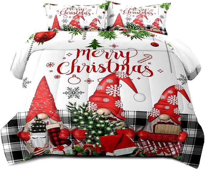 LUVIVIHOME 2PCS Christmas Comforter Set Twin Size, Funny Cute Gnome Bedding, Black & White Plaid Snowflake Xmas Merry Christmas Bedroom Decor for Kids Girls Boys Teens White Quilt, 1 Pillow Case