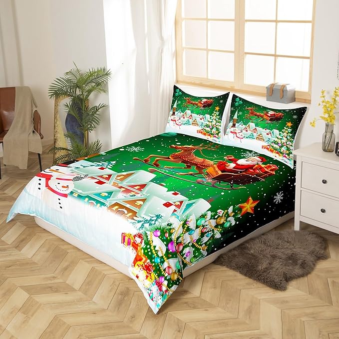 Manfei Christmas Duvet Cover Set King Size, Snowman Xmas Tree Comforter Cover with 2 Pillowcases, Santa Claus with Deer Bedding Set for Kids Boys Girls New Year Theme Bedspread Cover, No Comforter