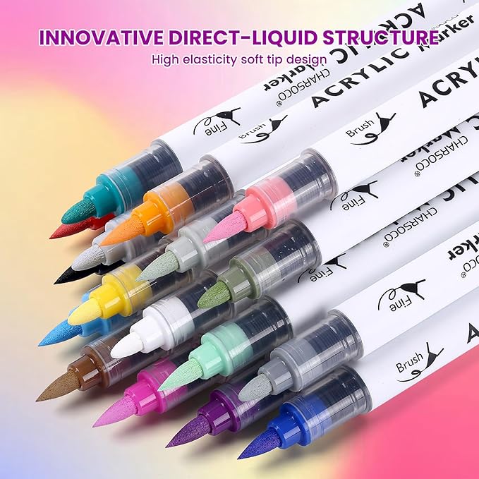 Acrylic Paint Markers, 24 Colors Dual Tip Acrylic Paint Pens, Water-Based No-Bleed Markers with Automatic Ink Control System, Bullet & Brush Tip, Works on Paper, Wood, Ceramic, Rock,813-24pcs