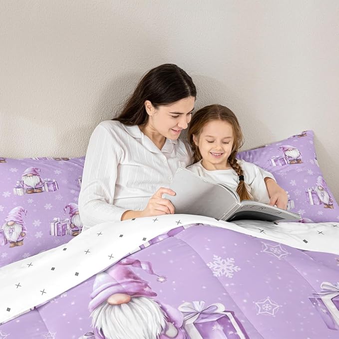 Feelyou Purple Christmas Kids Comforter Set King Size Scandinavian Christmas Santa Gnomes Bedding Set Xmas Snowflake Duvet Quilt for Kids Boys Girls Bedroom Decor Ultra Soft Breathable