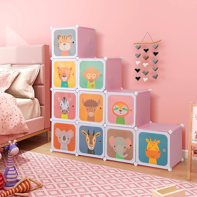 Costzon Kids Closet, Cartoon DIY Modular Dresser Storage Organizer with 12 Cubes & 2 Clothes Hanging Rack, Portable Armoire for Baby Toddlers, Kids Wardrobe for Bedroom Nursery (Pink)