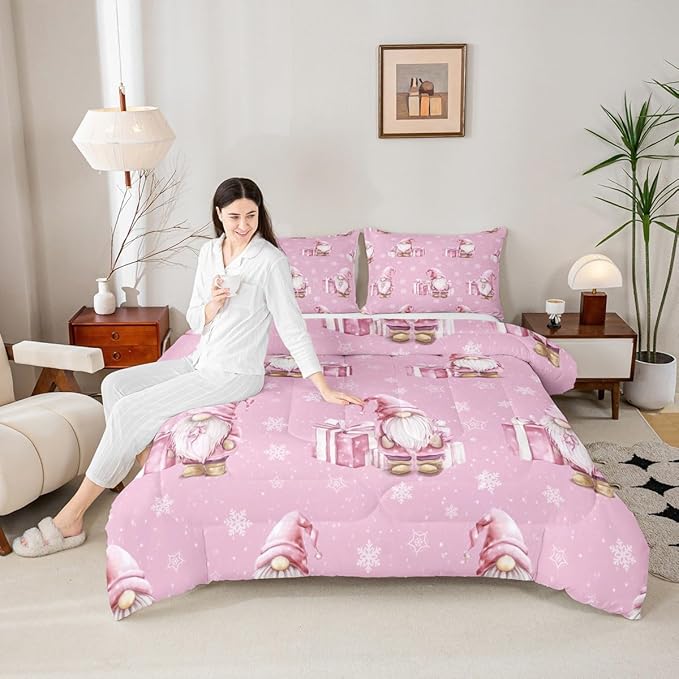 Feelyou Pink Christmas Bedding Set Soft for Boys Girls, Scandinavian Christmas Santa Gnomes Comforter Set King Size Xmas Snowflake Duvet Quilt Bedroom Decor 3 Pcs with 2 Pillow Cases