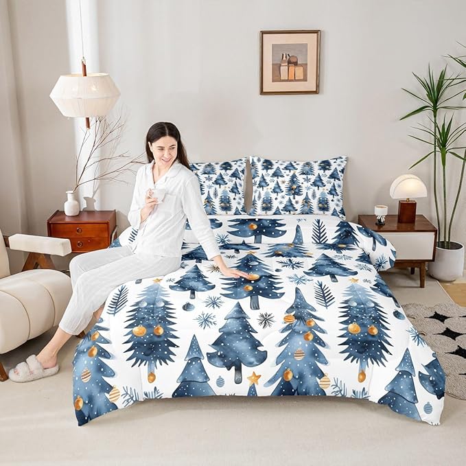 Feelyou Christmas Kids Comforter Set King Size Xmas Tree Bedding Set Snowflake Duvet Quilt for Kids Boys Girls Bedroom Watercolor Blue Decor Microfiber Ultra Soft Breathable