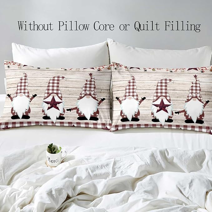 LUVIVIHOME 2PCS Christmas Gnome Duvet Cover Twin Bedding Sets, Primitive Country Rustic Farmhouse Bedding, Holly Berry Star Red Buffalo Plaid Checkered Comforter Bedspread Quilt Cover, 1 Pillow Sham