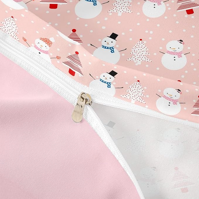 Christmas Duvet Cover Cartoon Snowman Christmas Tree Bedding Set Snowflake Comforter Cover for Boys Girls Children Teens Bedroom Decor Pink Xmas Theme Bedspread Cover Full Size with 2 Pillow Case