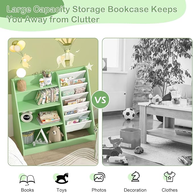 NACHES Montessori Kid Bookshelf Toddler Bookcase Cabinet Children Book Rack Display Toy Storage Organizer 4 Tier 5 Sling Deep Sleeves Classroom Bedroom Nursery Playroom Wood (Green)