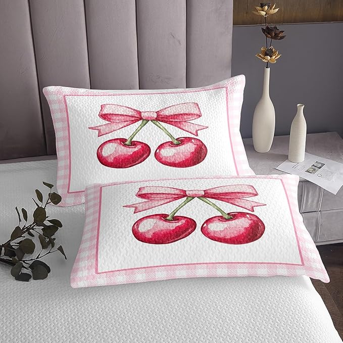 Cherry Bowknot Kids Bedspread Queen Size,Geometric Plaids Grids Patchwork Fashion Coverlet Set,Girls Women Room Decor,Bow Tie Princess Dreamy Quilted Coverlet,Pink Cute Bedding Quilt,2 Pillowcases
