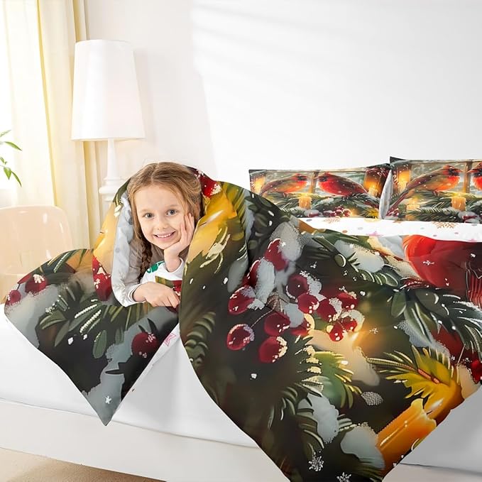 Feelyou Merry Christmas Kids Comforter Set King Size Cardinal Bedding Set Winter Bird Duvet Quilt for Kids Boys Girls Bedroom Red Berries Decor Microfiber Ultra Soft Breathable