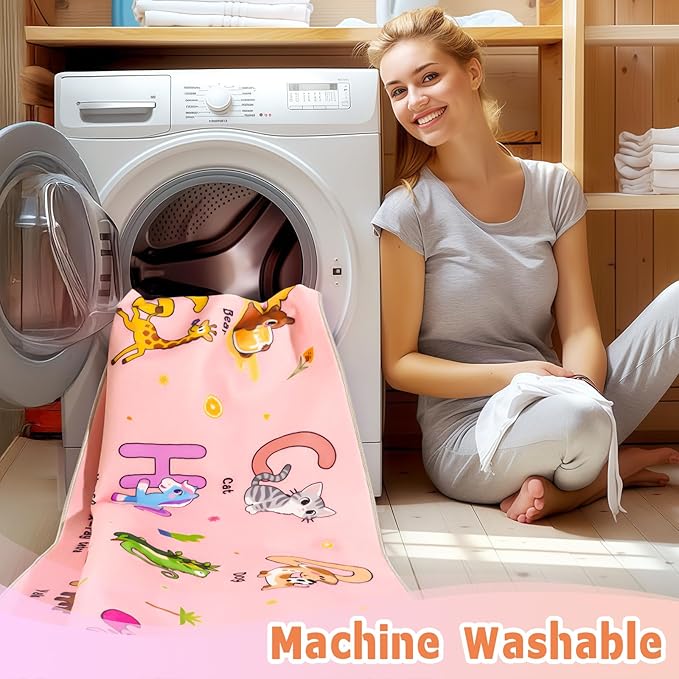 Kids Rugs for Playroom, 3x4 Feet Educational Rug for Learn The ABC Alphabet, Soft Machine Washable Non-Slip Cute Cartoon Animals Carpet for Classroom Toddler Nursery Kids Room Decor, Pink
