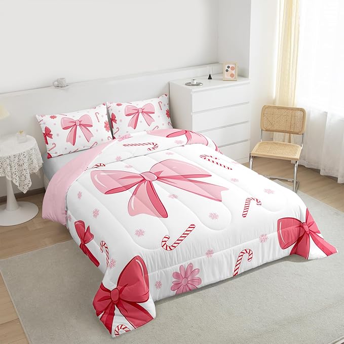 Feelyou Pink Bowknot Comforter Set All Season Christmas Candy Cane Snowflake Bedding Set with 2 Pillow Cases Cute Bow Microfiber Kids King Bedclothes Dreamy Princess Style Bedroom Decor Duvet Quilt