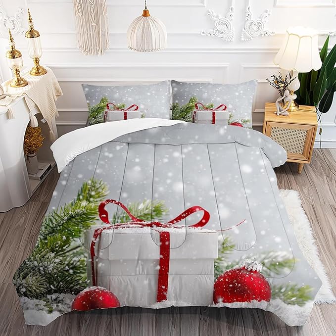 kxry Christmas Comforter Set Snow Scene Evergreen Bough Bedding Full Size for Girls Boys Kids Gift Box Red Balls Quilt Duvet 1 Comforter + 2 Pillow Cases
