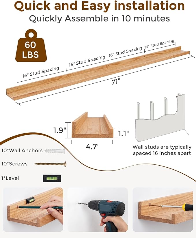 Axeman Oak Picture Ledge Shelf, 72 Inch Floating Shelves Set of 2, Solid Oak Wood Wall Shelves with Lip, Wall Decor Storage for Bedroom Living Room Bathroom Kitchen Nursery Photo Picture, Natural Oak