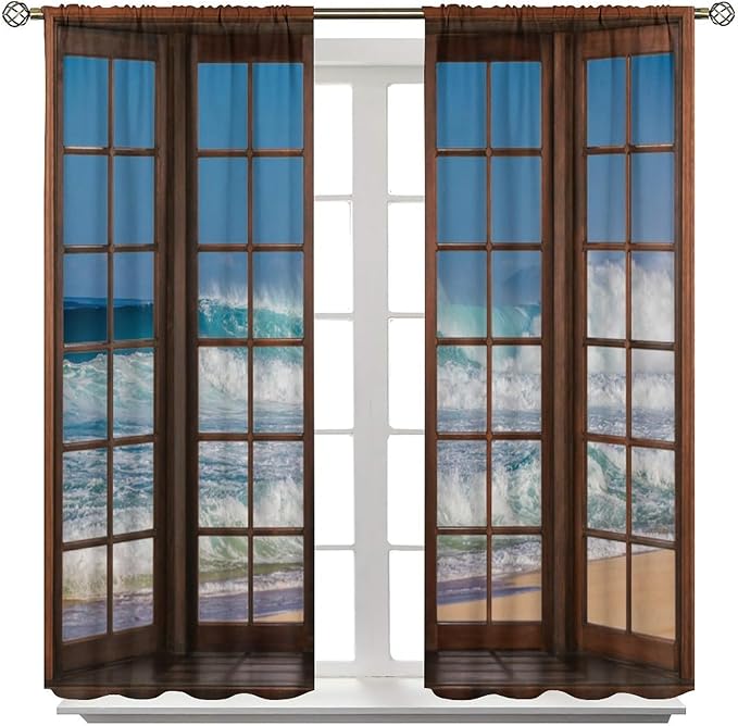 Ocean Beach Curtains,Waves Crashed Beach Hawaiian Seaside Scene Pattern Blackout Print Home Bedroom Living Room Window Treatments 2 Panel Set 55x63 Inch
