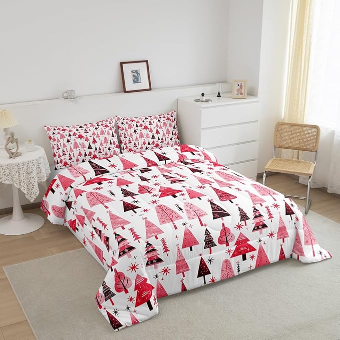 Manfei Pink Xmas Trees Comforter Set King Size, Christmas Theme Bedding Set 3pcs for Kids Boys Girls Adults Room Decor, Happy New Year Down Comforter Soft Polyester Quilt Set with 2 Pillowcases