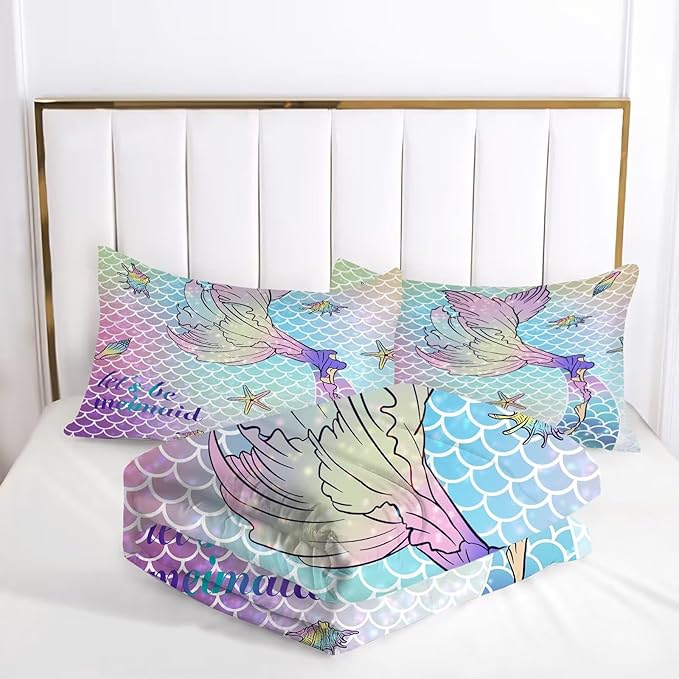 kxry Mermaid Tail Comforter Set Twin Size Gradient Fish Scales Sea Bedding Sets for Girls Teens Kids Ocean Starfish Conch Soft Microfiber Lightweight Comforter Set with 1 Comforter + 1 Pillow Case