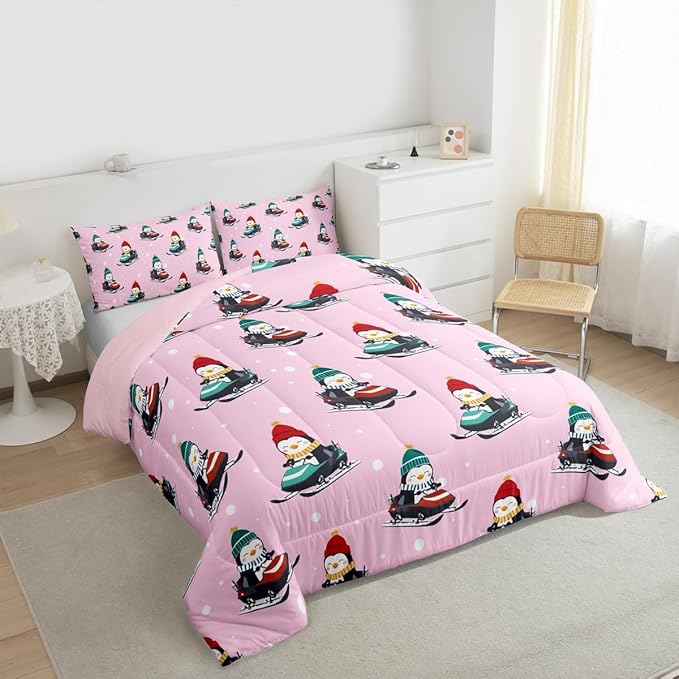 Feelyou Christmas Kids Comforter Set Queen Size Pink Penguin Bedding Set Cartoon Penguin Skiing Duvet Quilt for Kids Boys Girls Bedroom Snowflake Decor Microfiber Ultra Soft Breathable