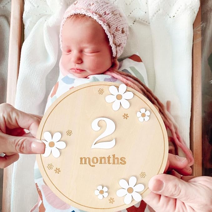 Wooden Baby Month Board - Round milestones Sign Set, Natural Grain Texture, laserr Engraved Letters, Eco Friendly Material | Adorable Monthly Wooden plaques for Baby Memory Nursery Decor