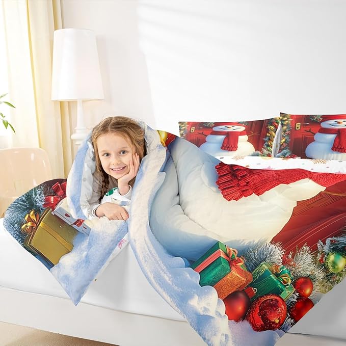 Feelyou Merry Christmas Kids Comforter Set Queen Size Cute Snowman Bedding Set Duvet Quilt for Kids Boys Girls Bedroom Snowflake Decor Microfiber Ultra Soft Breathable