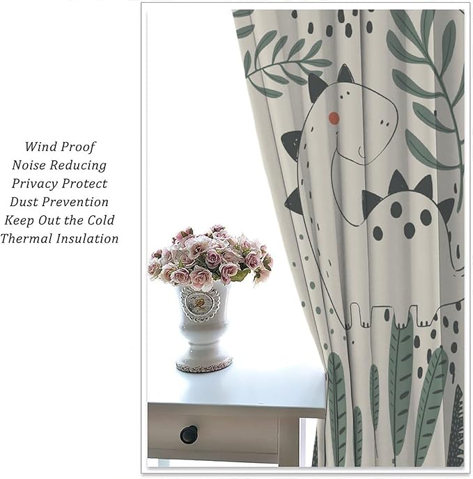 Funny Dinosaur Curtains, Jungle Cute Cartoon Animals Tropical Leaves Plant Beige Green Print Blackout Window Treatments for Kids Boys Girls Bedroom Living Room 63x63in