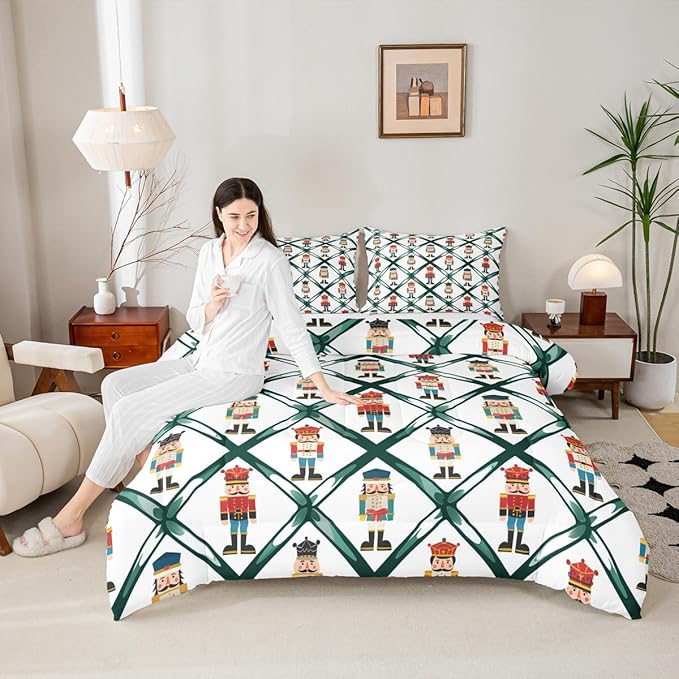 Feelyou Cute Nutcracker Bedding Set Soft for Boys Girls,Green Lattice Pattern Comforter Set King Size Colorful Duvet Quilt Microfiber Funny Soldier Bedroom Decor Kawaii 3 Pcs with 2 Pillow Cases
