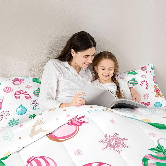 Feelyou Candy Cane Comforter Set Twin Size Christmas Ornament Bedding Set for Kids Boys Girls Snowflake Duvet Quilt Festive Bow Bedroom Decor Christmas Stocking Microfiber 2 Pcs with 1 Pillow Cases