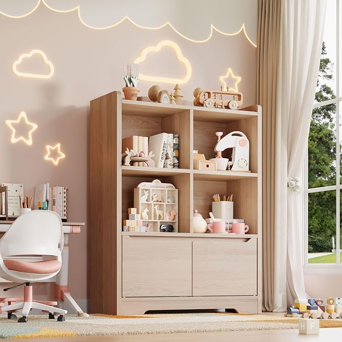Kids Bookshelf and Toy Organizer, 2 Tier Kids Book Shelf for Kid Rooms with 2 Doors, 4 Cubes Storage Organizer,Wood Children Bookcase,Freestanding Toddler Book Display Shelf for Playroom