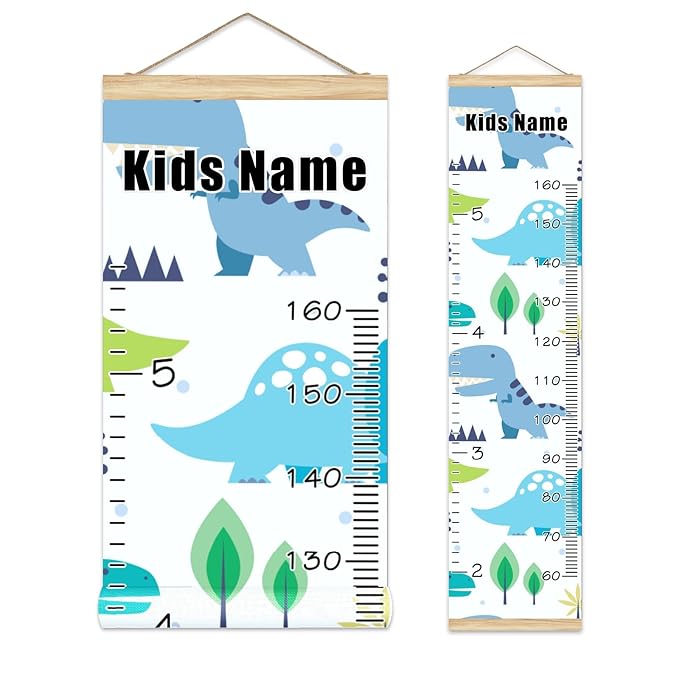 Personalized Kids Name Growth Chart Ruler for Wall Wood Frame Height Measure Chart 13.4x56 in Linen Hanging Height Growth Chart Cute Dinosaur Kids Room Decor