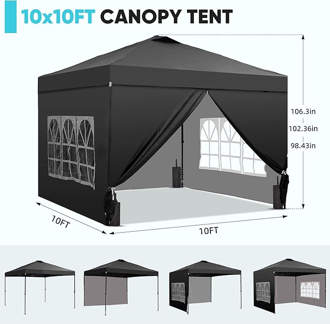 GDY 10x10 Pop Up Canopy Tent with 4 Sidewalls, Easy Set up with One Push Lift Outdoor Silver Coated Beach Gazebos, Carpas with 4 Sandbags, for Pool, Events, Parties, and Camping, Black.