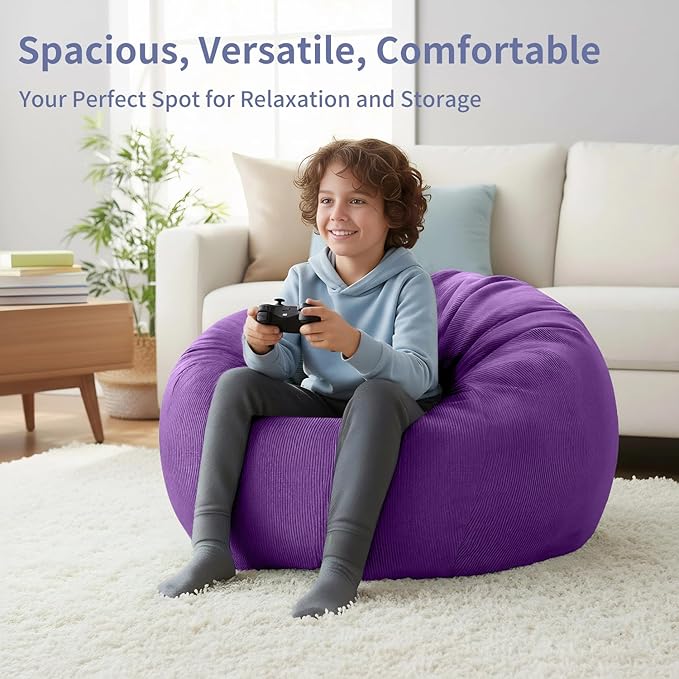 Nobildonna 3 ft Bean Bag Chair Cover (No Filler) 35"×43" Large Stuffed Animal Storage Bean Bag Washable Big Beanbag Chair Cover Premium Corduroy Bean Bag Cover for Adults,Kids,Purple 300L