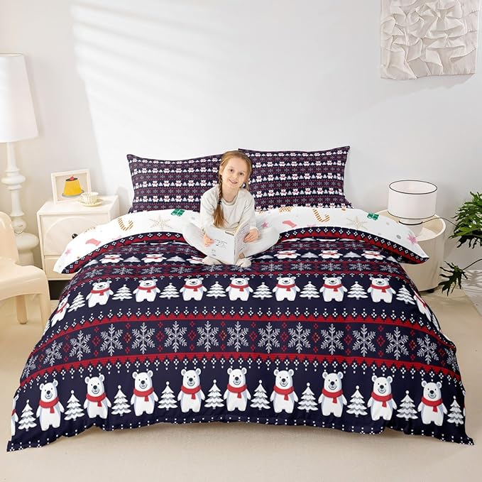 Christmas Bedding Set for Kids Boys Girls Polar Bear Christmas Tree Comforter Cover Set Exotic Ethnic Xmas Theme Duvet Cover Bedroom Decor Snowflake Bedspread Cover Queen Size Bedding Collection 3Pcs