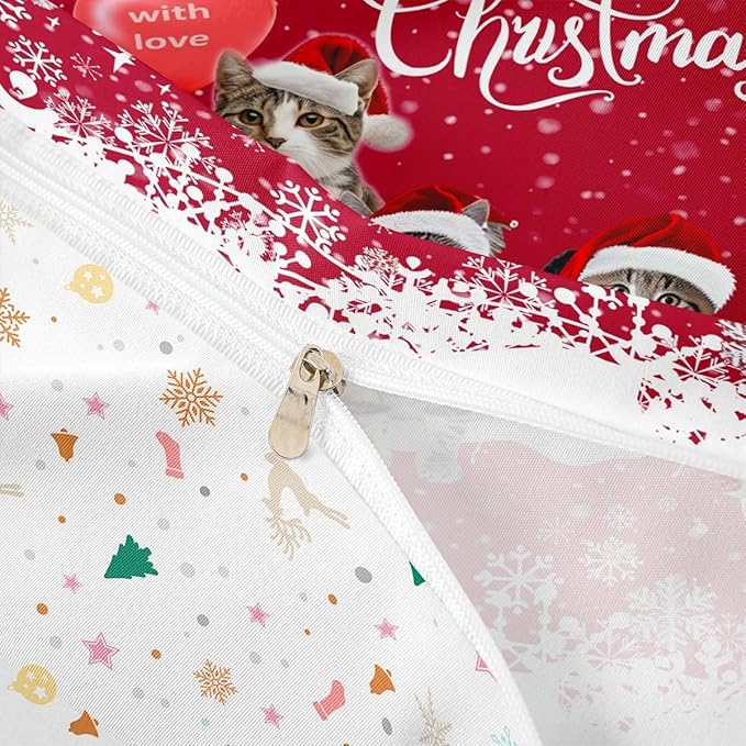Merry Christmas Cat Bedding Set Xmas Snowflake Pet Cats Duvet Cover For Kids Children Teens Cute Kitten Comforter Cover 3D Animal Red White Bedspread Cover Bedroom Decor Quilt Cover 2Pcs Toddler Size