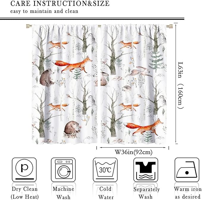 Rustic Forest Window Curtains, Watercolor Woodland Animals Owl Hedgehog Fox Butterfly Forest Squirrel and Bear Blackout Windows Door Curtain for Bedroom Living Room Home Decor 72x63in