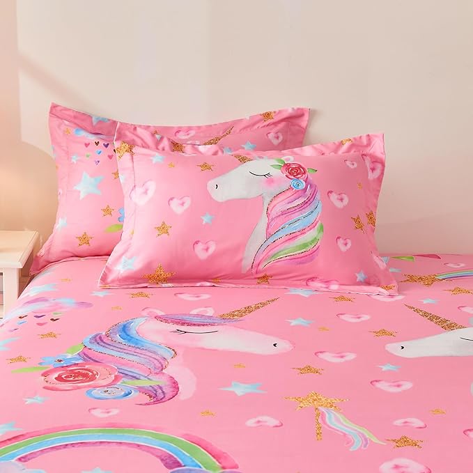 Wajade Pink Unicorn Comforter Set for Girls 7 Piece Cute Cartoon Bedding Set for Kids Queen Size as Birthday Gift with Comforter, Sheet Set, Pillowcase and Sham