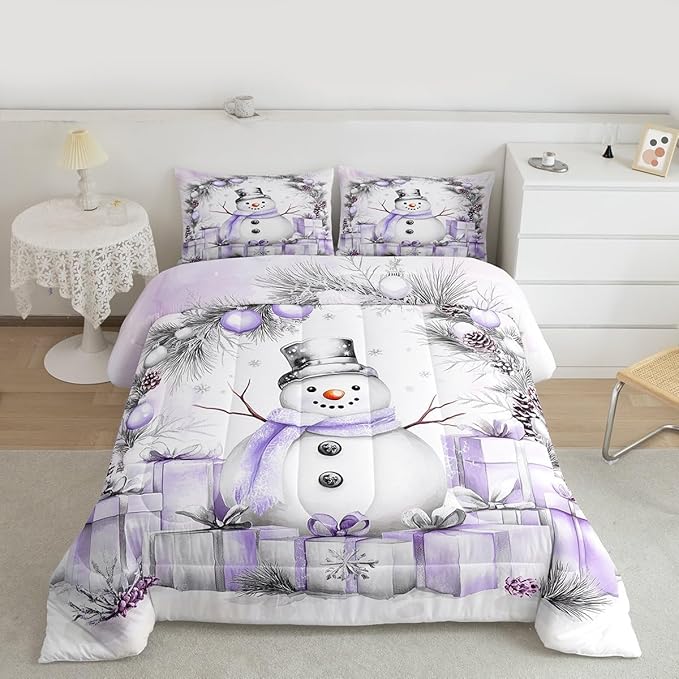 Feelyou Merry Christmas Bedding Set Soft for Boys Girls, Cute Snowman Comforter Set King Size Duvet Quilt Microfiber Snowflake Bedroom Decor 3 Pcs with 2 Pillow Cases