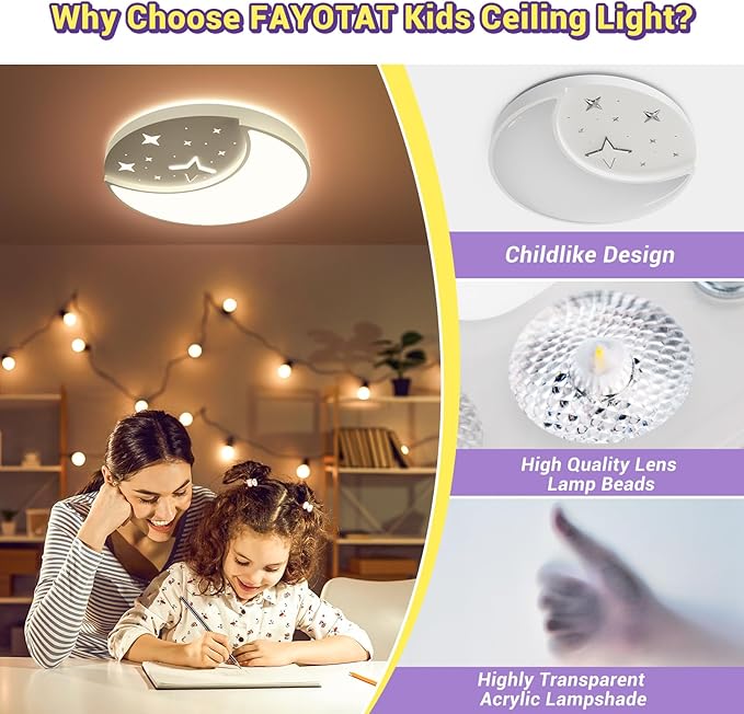 Flush Mount Ceiling Light, 30W Large Modern LED Ceiling Lights, 3000K/4500K/6500K Selectable, Moon and Star Ceiling Light Fixture for Bedroom Kitchen Dining Room(15.75 Inch)