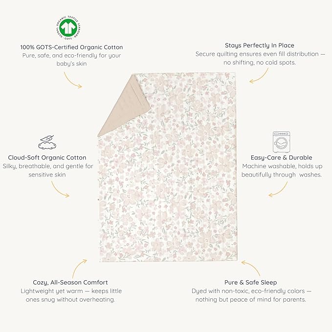 MakeMake Organics Organic Toddler Comforter GOTS Certified Organic Kids Blanket Cotton Infill Tufted - Reversible Ultra Soft Breathable Boys Girls (44"x60", Blossom + Solid Taupe)