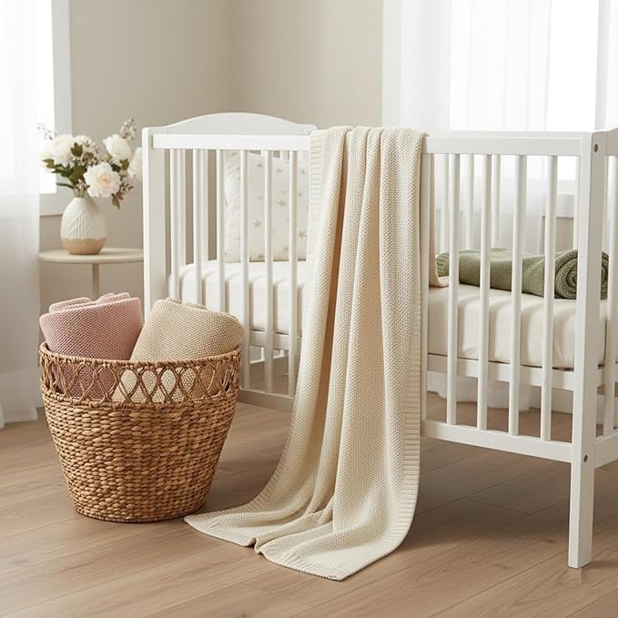 Baby Knit Blanket Soft Cotton Lightweight Newborn Blanket for Crib Stroller Toddler Nursery Shower Gift Cozy Breathable Travel Swaddle Wrap Beige 36 x 28 Inches