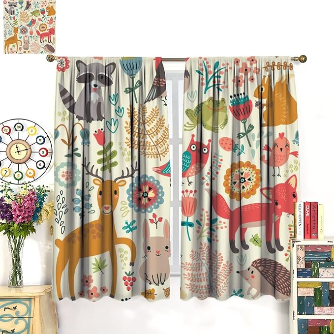 Kids Baby Woodland Blackout Curtains,Forest Animals Plants Cartoon Funny Colorful Deer Fox Owl Pattern Thermal Insulation Window Drapes for Boys Girls Children's Bedroom 42x54 Inch