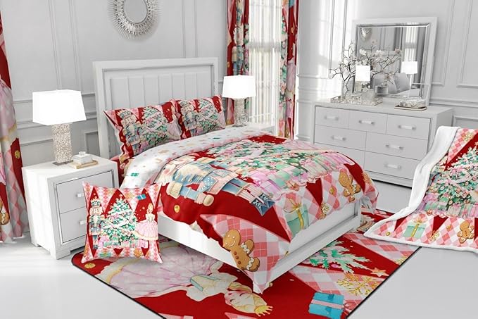 jejeloiu Christmas Nutcracker Comforter Set Twin Size Gingerbread Man Bedding Set for Kids Boys Girls Xmas Tree Duvet Quilt Red Bedroom Decor